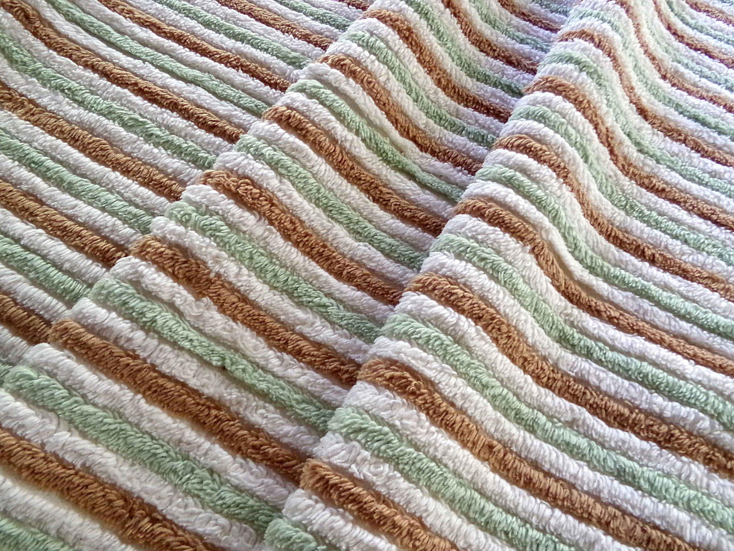 vintage striped chenille fabric in cocoa puff & mint green velvety soft stripes, 18" x 24" cut piece