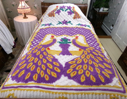 Vintage Chenille Bedspread Double Peacock Purple Gold White, Full Size