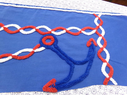 Coastal Anchor Vintage Chenille Fabric Piece 42 x 16" Red White Blue American Spirit