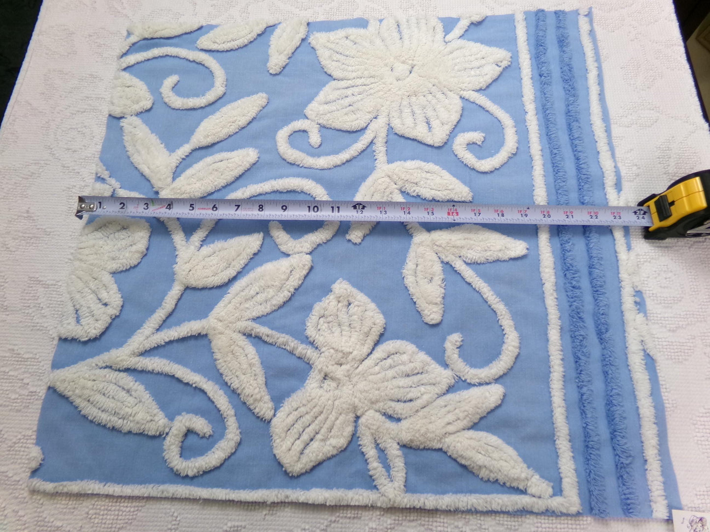 botanical blue vintage chenille fabric, super plush white florals, 21" x 23" piece sewing material