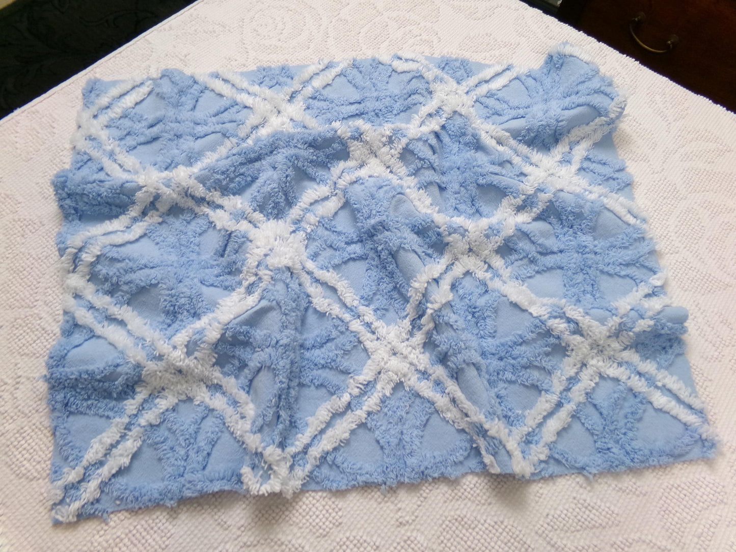 Vintage Chenille Fabric Baby Blue White Geometric Tufted Cottage Coastal Chic, 18" x 22"