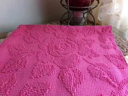 Fuchsia Pink Rose Vintage Woven Chenille Fabric, Reversible Hobnail 20" x 25" Piece Quilt Material