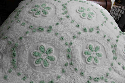 Twin Vintage Chenille Bedspread, Lucky Shamrock Green Flower Circles on White Coverlet