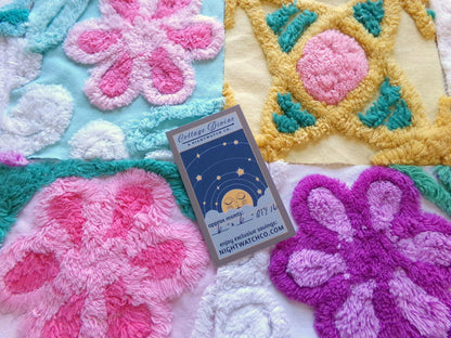 funky flowers 6" chenille squares, colorful mixed set of 16 quilt blocks rotary cut from vintage chenille bedspread fabrics