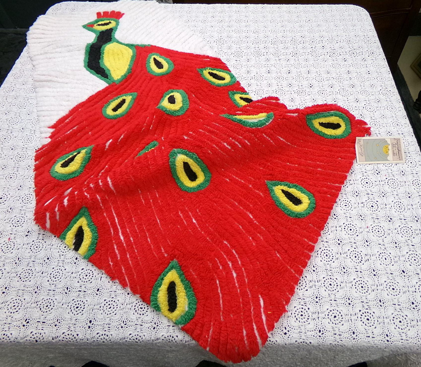 Red Peacock Vintage Chenille Fabric Piece, Plush Bird Design 13x39" Panel