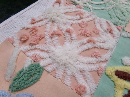 vintage chenille fabric squares, "garden lady" peach & green florals, set of 16 quilt blocks 6" each