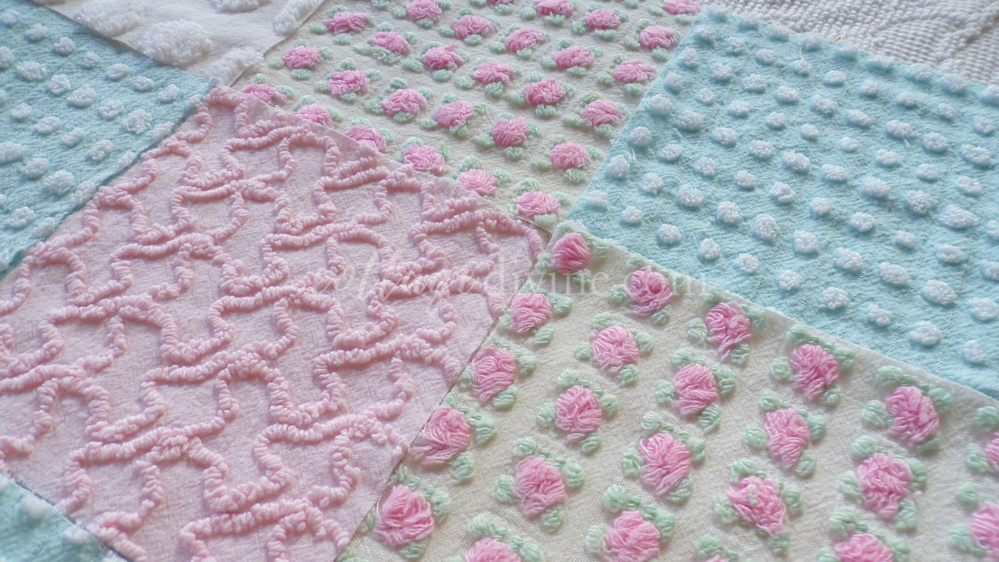 Classic Cottage Chic Chenille Fabric Squares, Set of 16 Vintage 6" Quilt Blocks, Pretty Pink Rosebud, Aqua & White