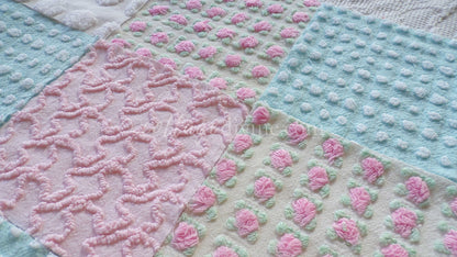 Classic Cottage Chic Chenille Fabric Squares, Set of 16 Vintage 6" Quilt Blocks, Pretty Pink Rosebud, Aqua & White