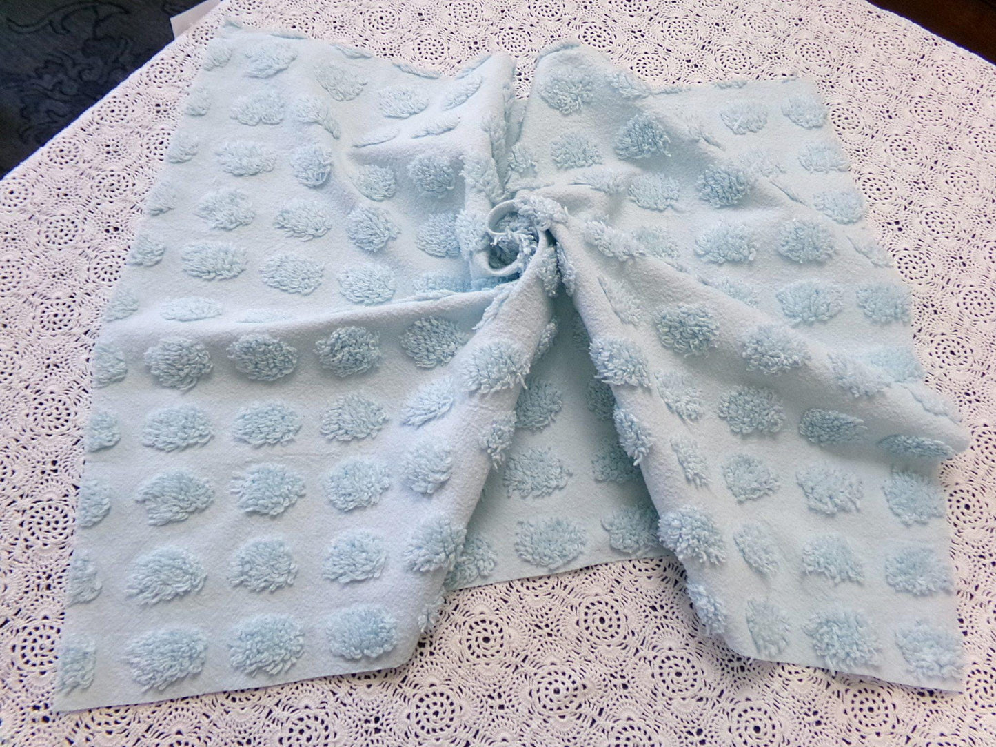 Refreshing Aqua Vintage Style Chenille Bedspread Fabric Coin Dot Pops 18x24"