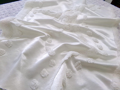 Vintage White Satin Chenille Bedspread Fabric, Shabby Chic 19x25" Piece