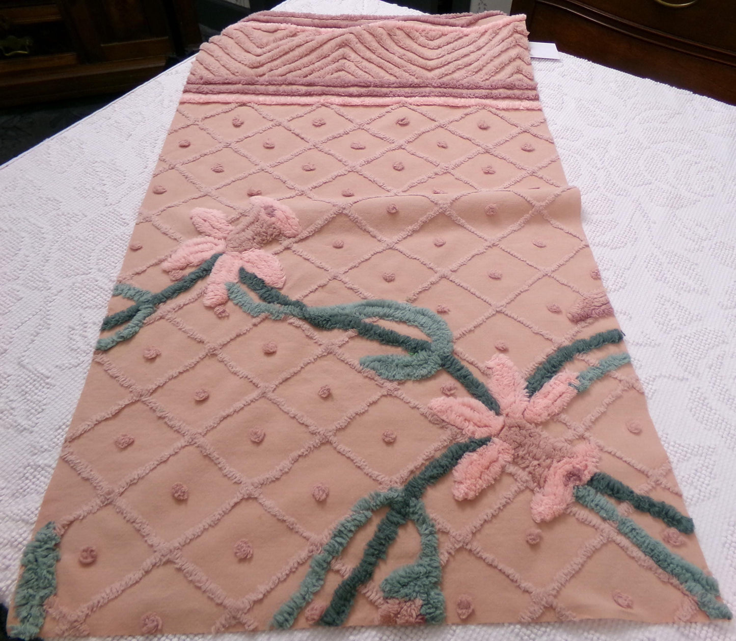 Darling Daffodils Vintage Chenille Fabric Antique Shabby Floral Sewing Material 17x31"