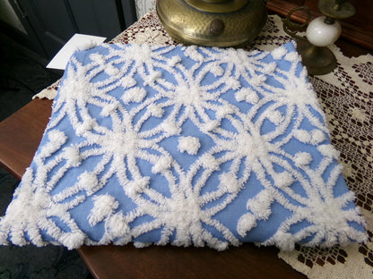 Blue & White Vintage Chenille Fabric Dimensional Snowflake Dots Quilting Craft Supply, 20" x 24"