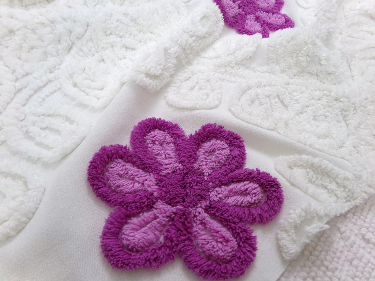 Violets in Snow Vintage Cotton Chenille Fabric - Plush Florals in White Curlicues, Quilt & Craft Material, 20" x 17" Piece