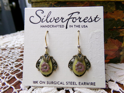 Layered Floral Dangle Pierced Earrings, Boho Vintage Style Silver Forest Made in USA