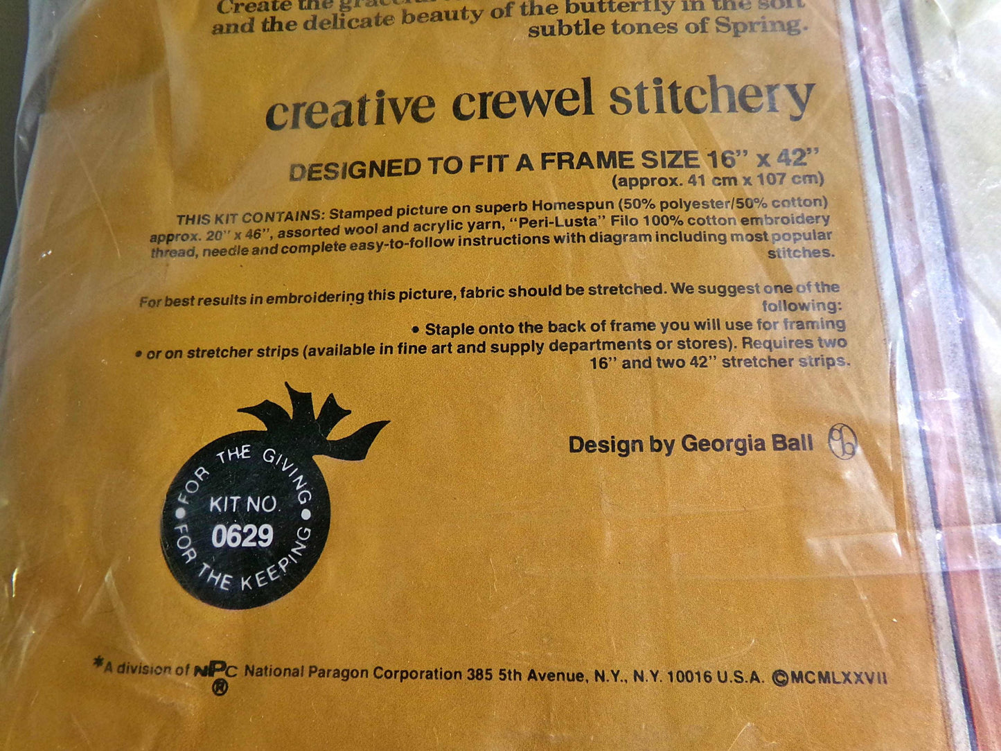 SECRETS of SPRING Crewel Embroidery Kit, HUGE Butterfly & Flowers Wall Hanging, Vintage Paragon Retro Hippie Stitchery, # 0629, Georgia Ball