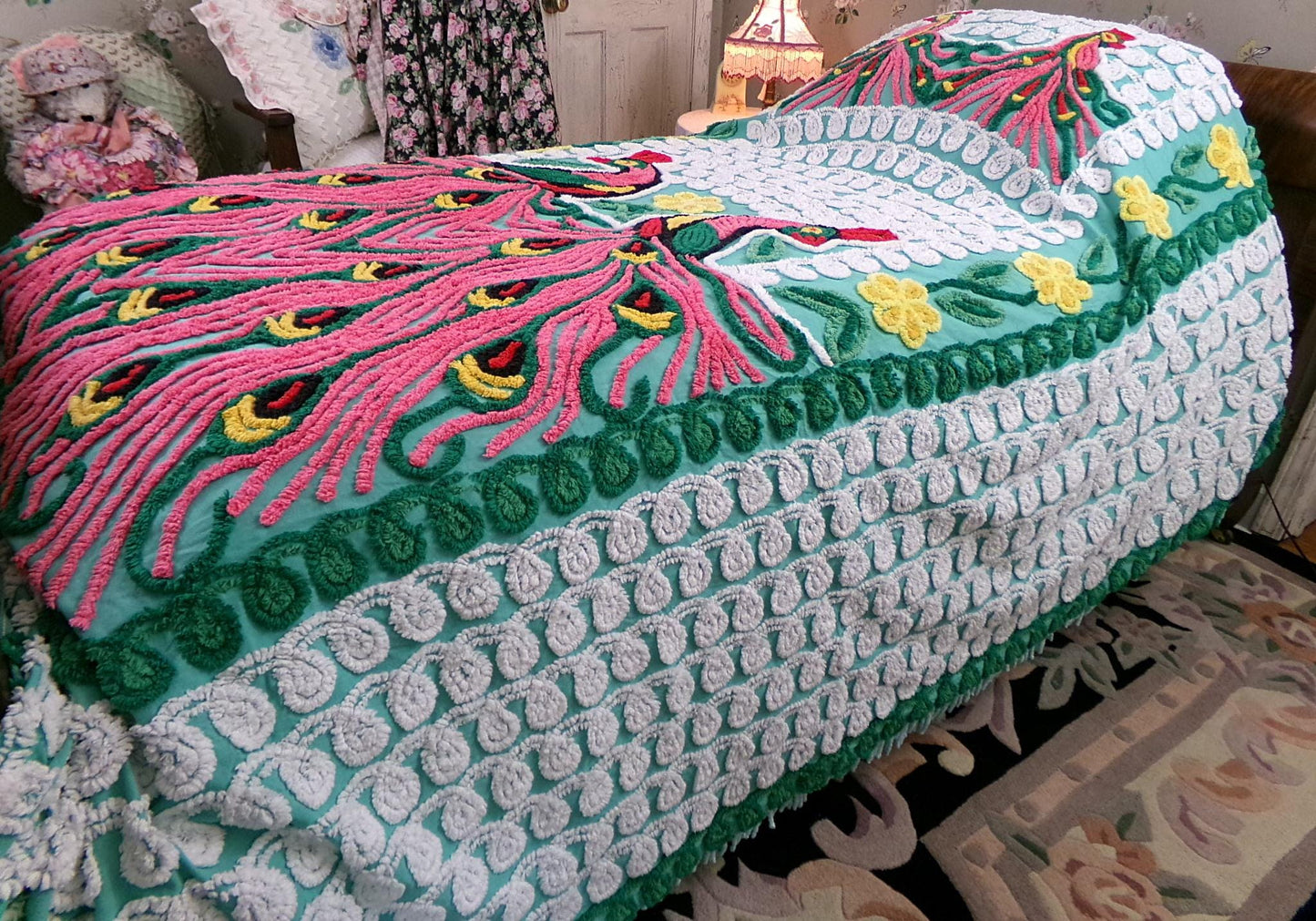 Green Peacock Vintage Chenille Bedspread, Full Size Pink Lovebirds & Swirls