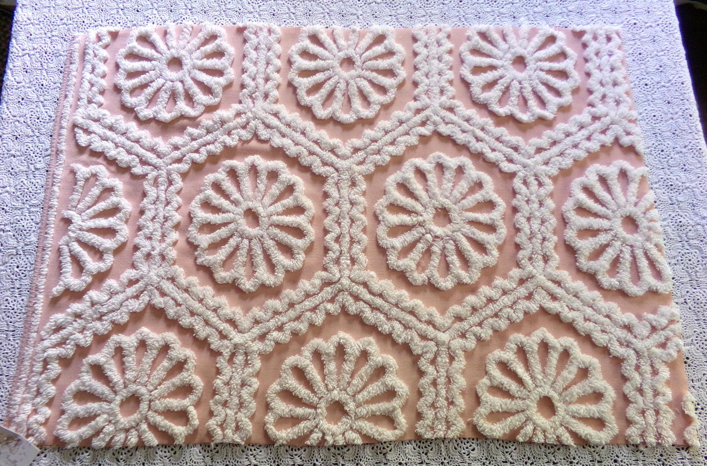 shabby ruffle daisy vintage chenille fabric, white geometric floral on peach 26" x 19" inch piece of cotton quilt & sewing material