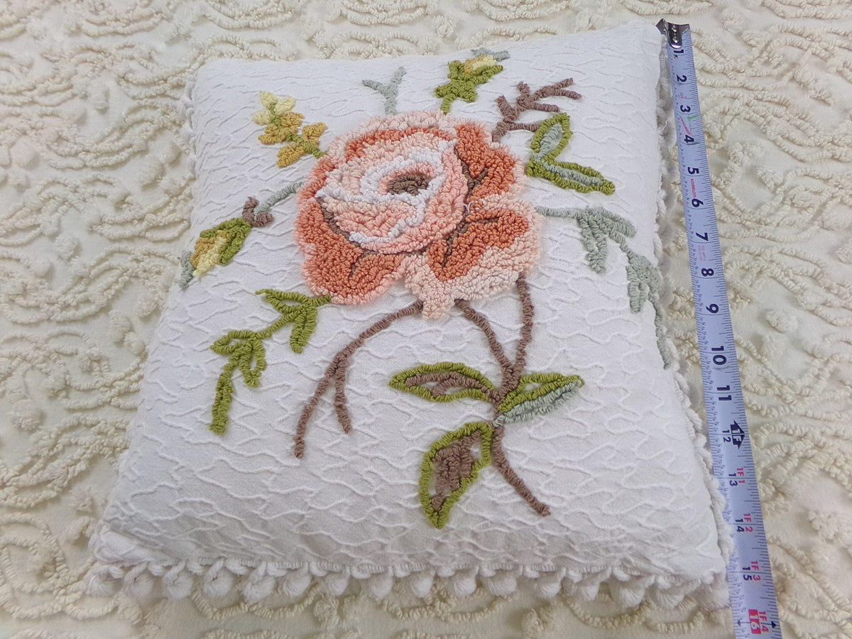 Vintage Rose Chenille Pillow Cover, Reversible Square Cottage Chic Floral Design