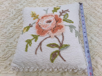 Vintage Rose Chenille Pillow Cover, Reversible Square Cottage Chic Floral Design
