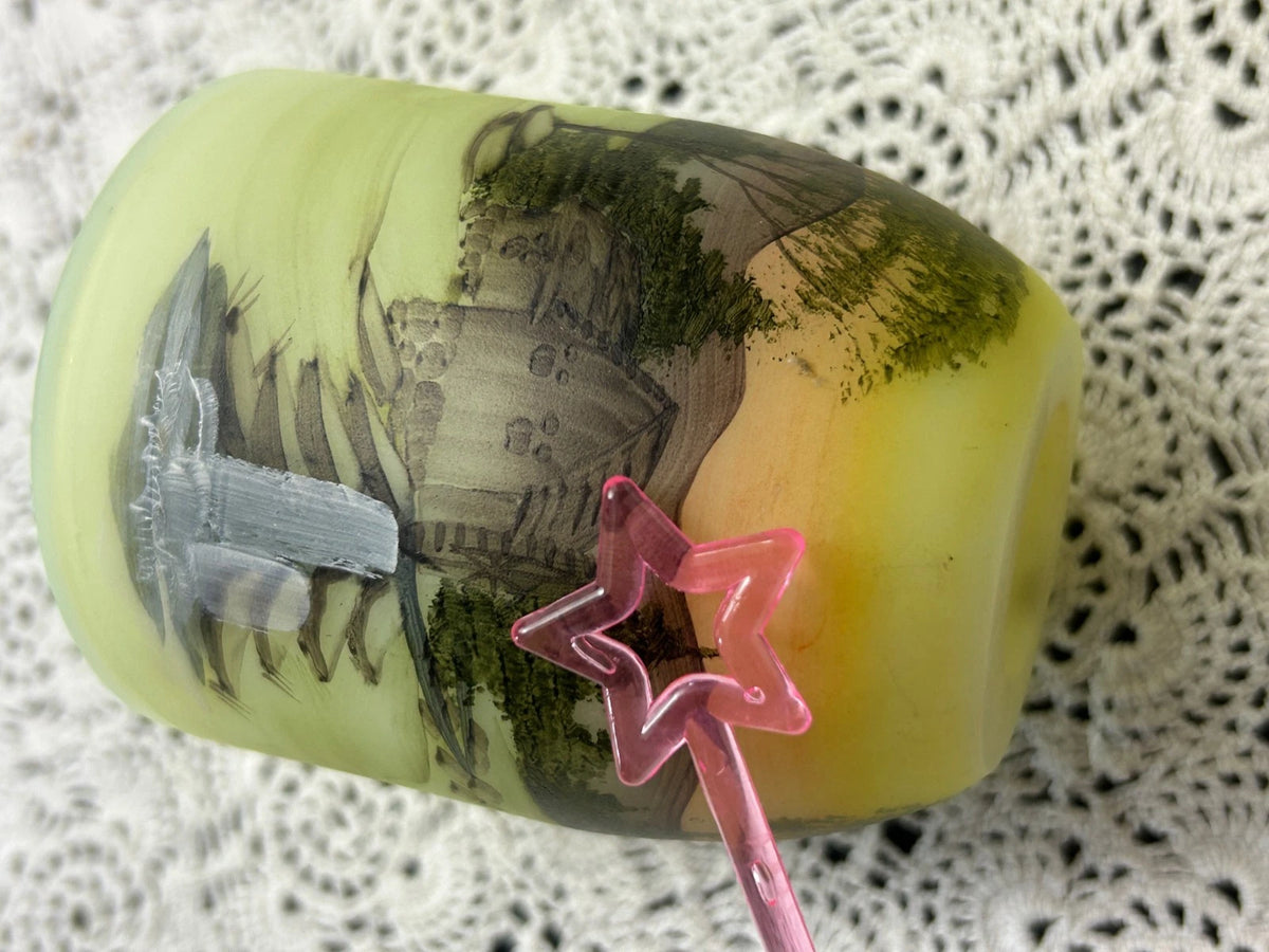 Vtg Fenton Fairy Lamp Satin Custard Glass Hand Painted Water Mill Gloria Finn