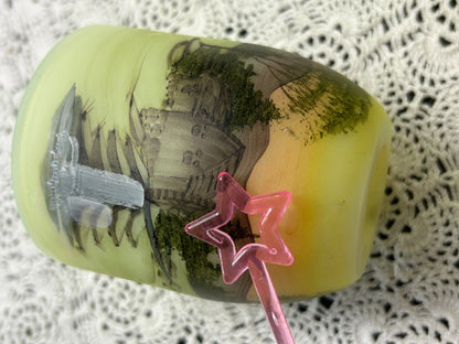 Vtg Fenton Fairy Lamp Satin Custard Glass Hand Painted Water Mill Gloria Finn