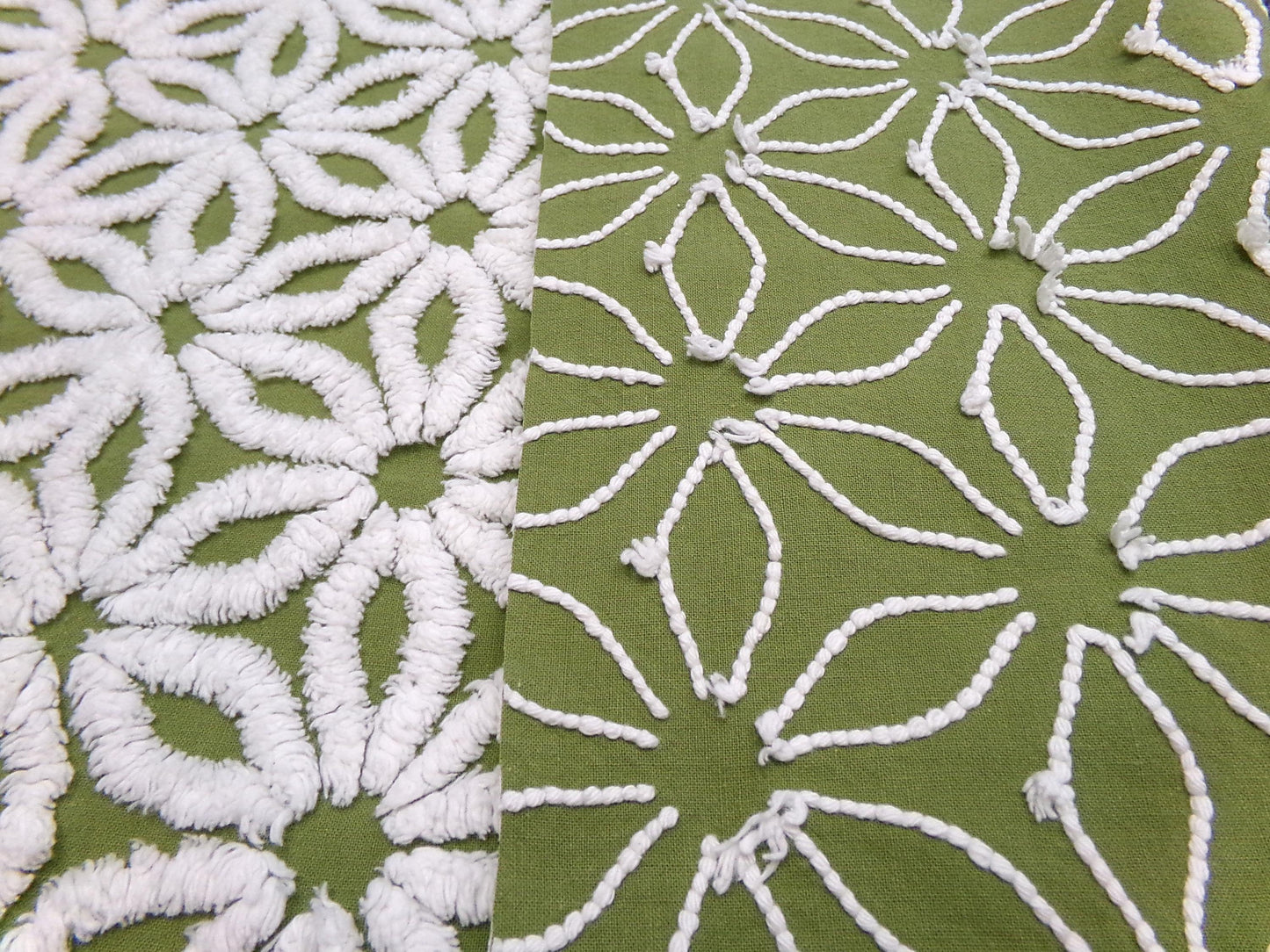 Vintage Green Chenille Fabric Boho Daisy Floral Craft Quilting Sewing Material, 18" x 24"