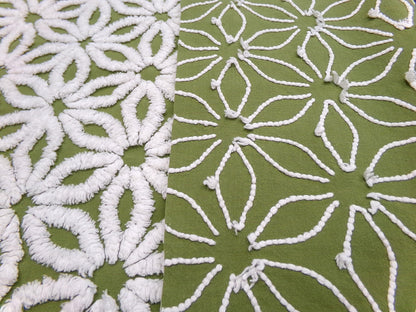 Vintage Green Chenille Fabric Boho Daisy Floral Craft Quilting Sewing Material, 18" x 24"