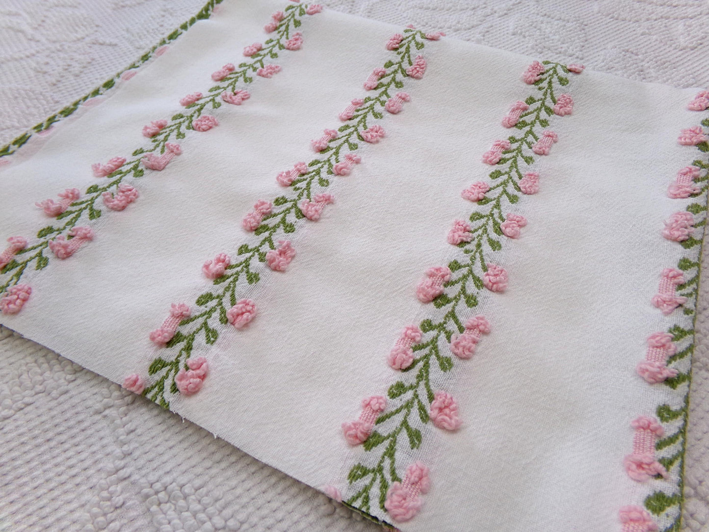 Vintage Rosebud Chenille Fabric, Pink Ivy Rose Design, 18" x 24" Piece of Lightweight Cotton Sewing & Quilting Material