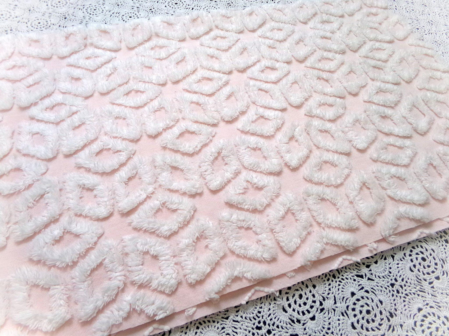 Whisper Pink & White Vintage Chenille Fabric Piece 18x24" Wedge Snowflakes