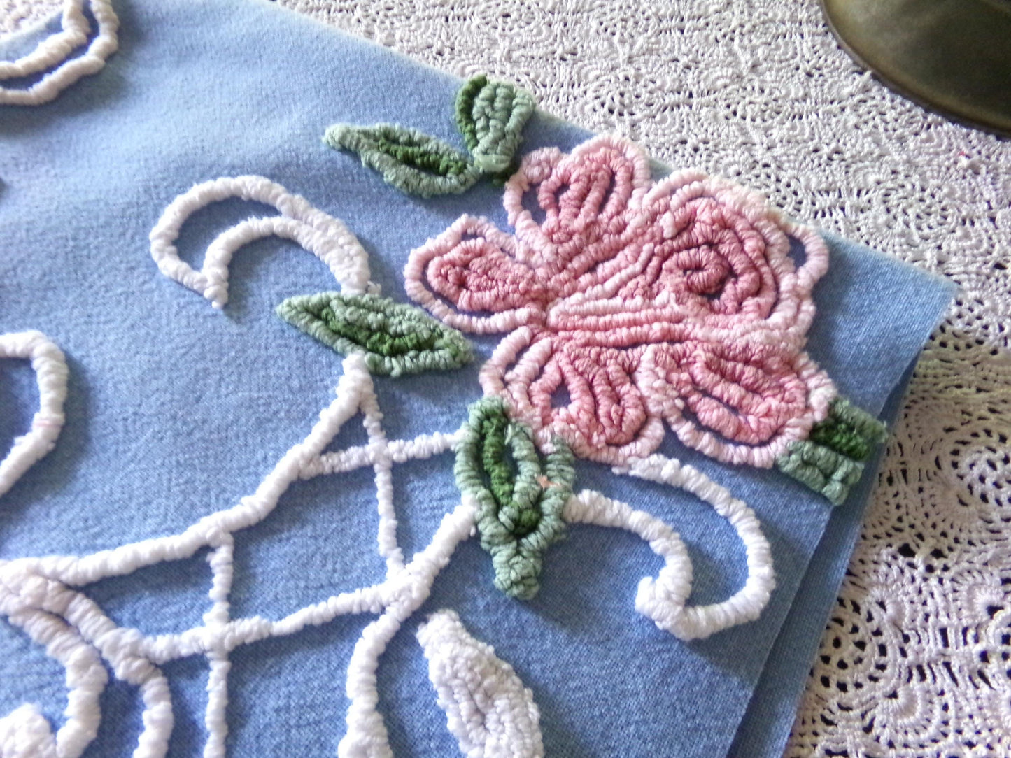 shabby chic pink rose vintage chenille fabric, pretty blue background, dainty white scrollwork, 18" x 22" piece of sewing material