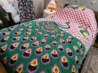 Vintage Chenille Bedspread Sprawling Red Peacock, Green Feathers & White Lattice, Full