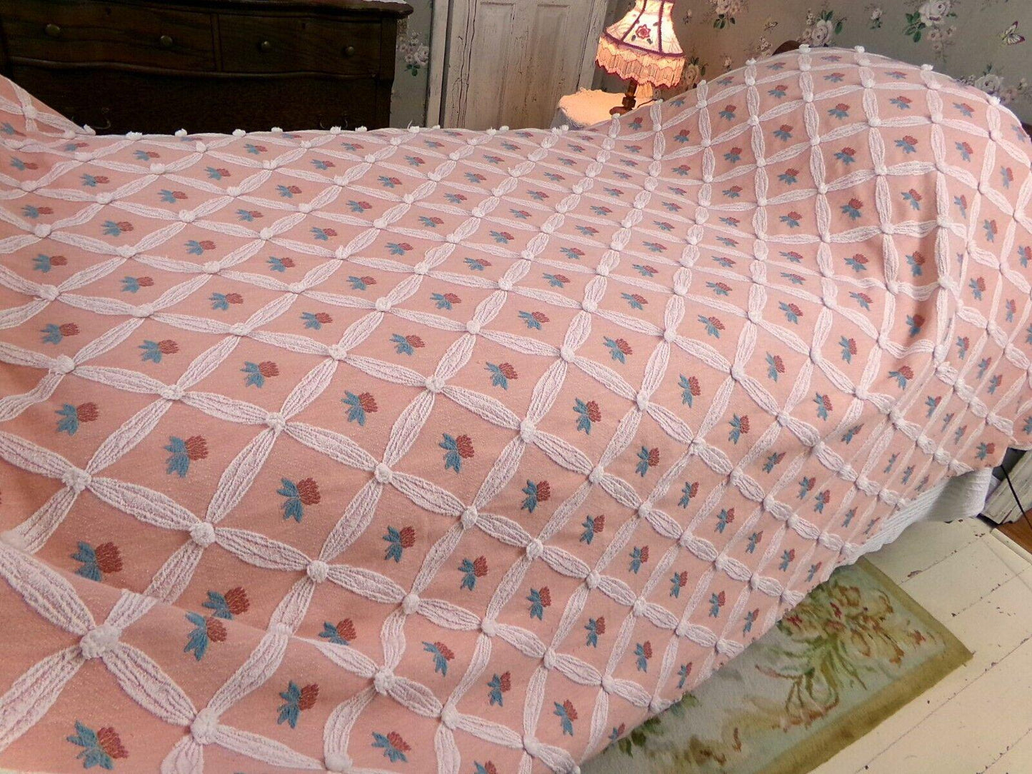 shabby chic style vintage woven & chenille bedspread, coral rose twin coverlet