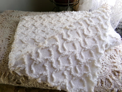 Neutral Cream Vintage Chenille Fabric, Texturized Squiggle Cotton Material, 20" x 25" inch Piece, Neutral Vintage Fabric for Quilts, Pillows