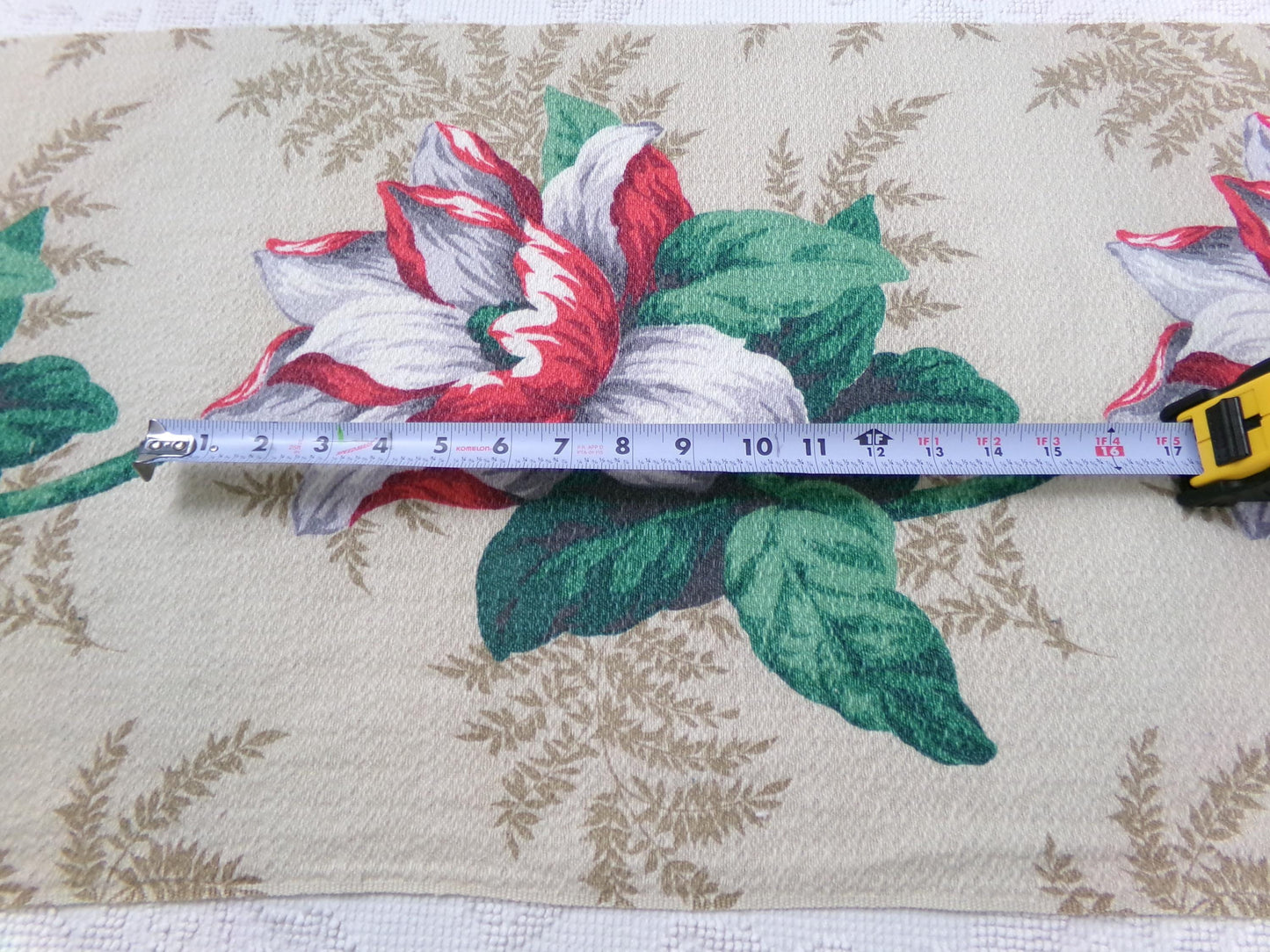 Vintage Barkcloth Fabric 16x27" Floral Magnolia Bloom Red White Green Tan
