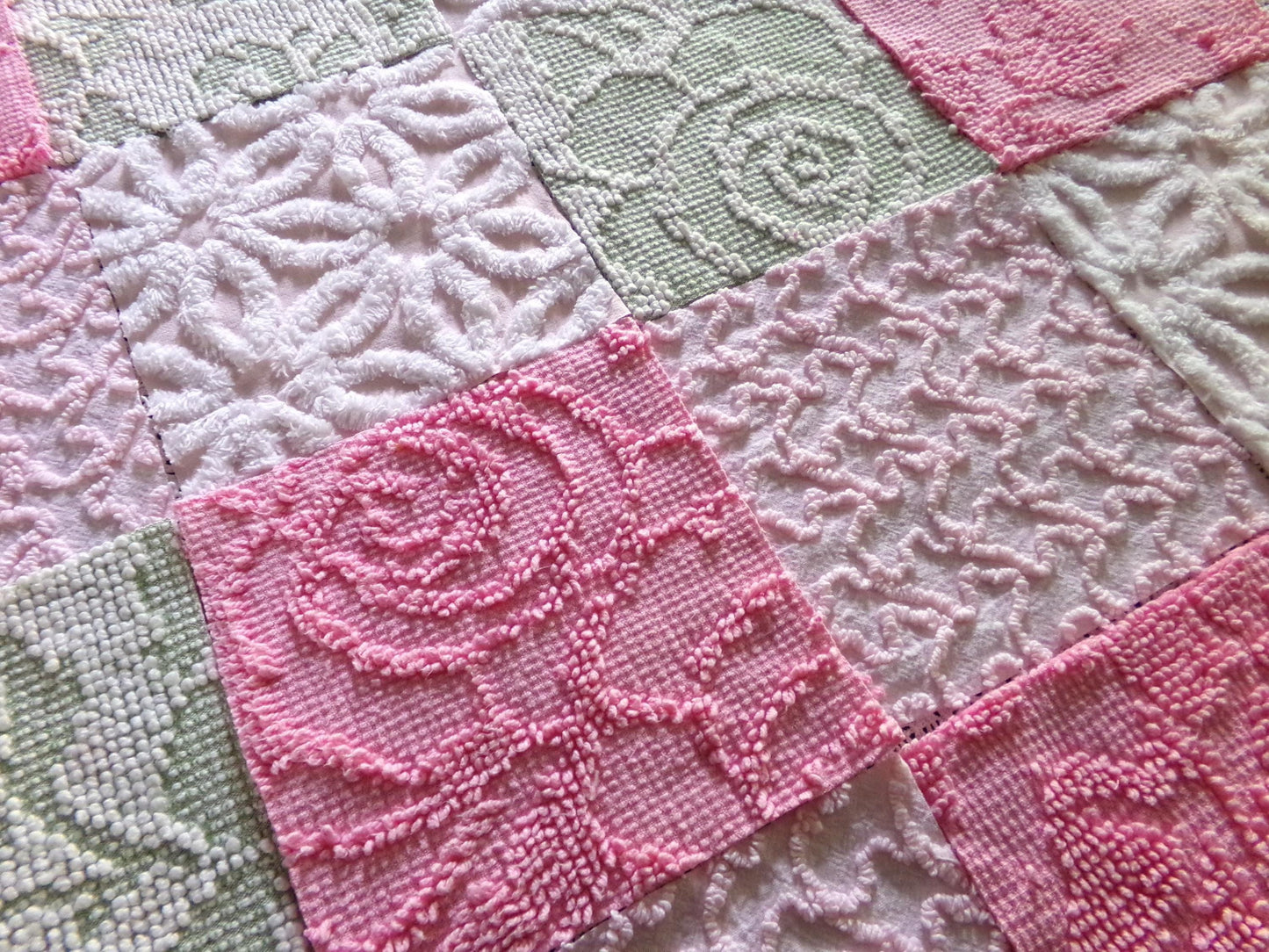Flower Lady Vintage Chenille Squares, 16 Quilt Blocks, 6" inch in Sage Green, Petal Pink & Rose, from Chenille Bedspread Fabrics