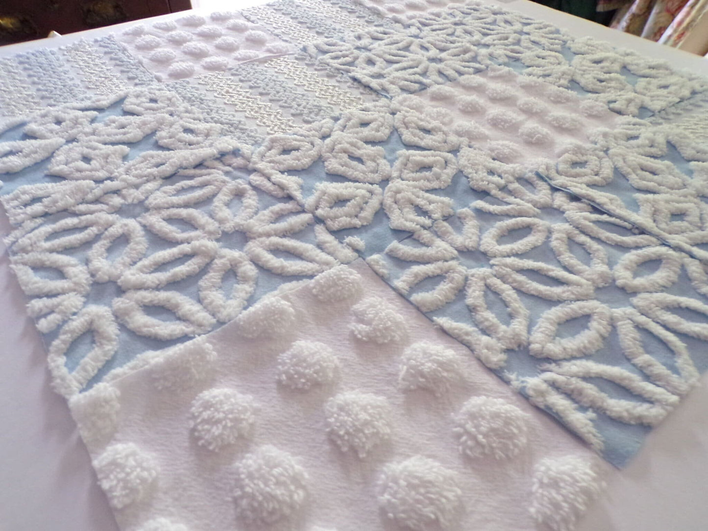 coastal winds vintage chenille fabric squares, set of 16 blue & white cotton 6" quilt blocks, nice texture for sewing, crafts, quilting
