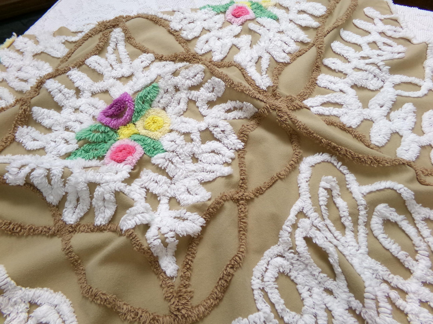 Frosted Chocolate Cake Vintage Chenille Fabric, Sewing Quilt Material 27" x 24" Piece