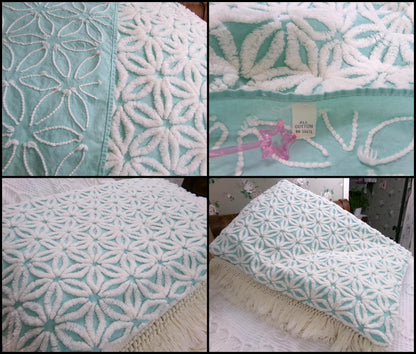 Vintage White Daisy Aqua Chenille Bedspread, Cottage Style Twin Size Bedding