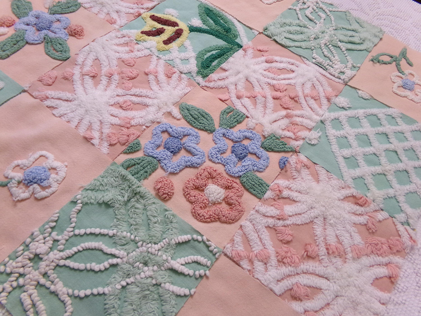vintage chenille fabric squares, "garden lady" peach & green florals, set of 16 quilt blocks 6" each