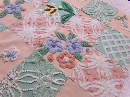 vintage chenille fabric squares, "garden lady" peach & green florals, set of 16 quilt blocks 6" each