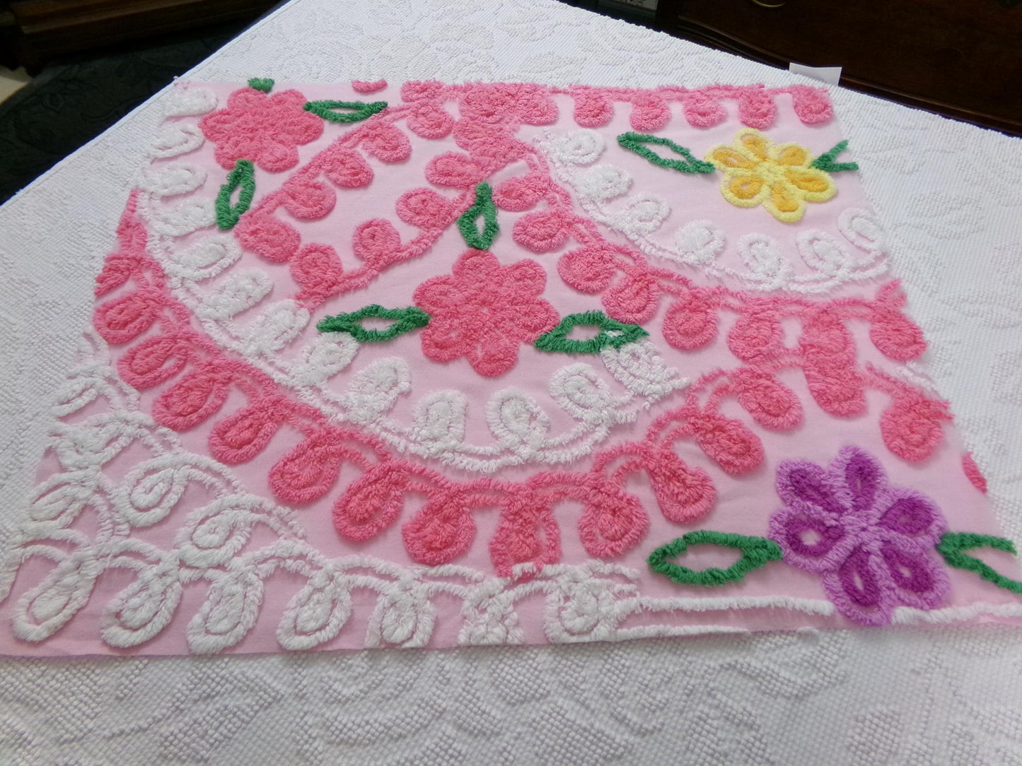 Pink Floral Vintage Chenille Bedspread Fabric, shabby cottage sewing craft quilt material, 20" x 24" piece