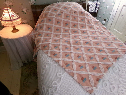 shabby chic style vintage woven & chenille bedspread, coral rose twin coverlet