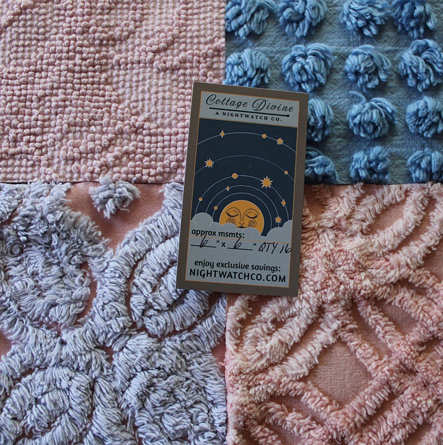 twilight melody vintage chenille fabric squares, set of 16 dreamy 6" quilt blocks, serene blue, rose mist, pink shades