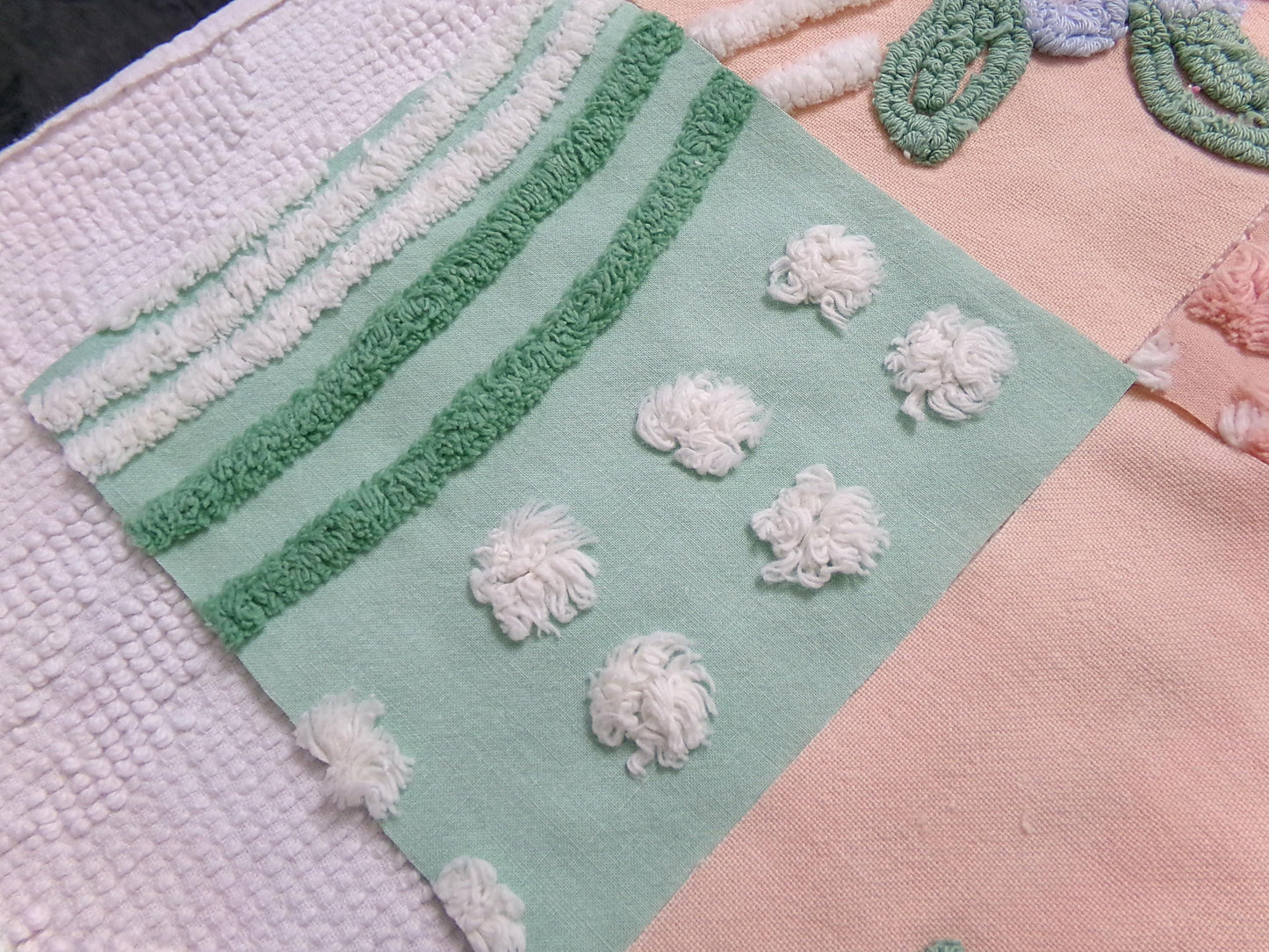 vintage chenille fabric squares, "garden lady" peach & green florals, set of 16 quilt blocks 6" each