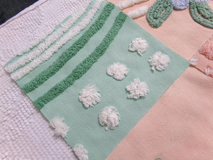 vintage chenille fabric squares, "garden lady" peach & green florals, set of 16 quilt blocks 6" each