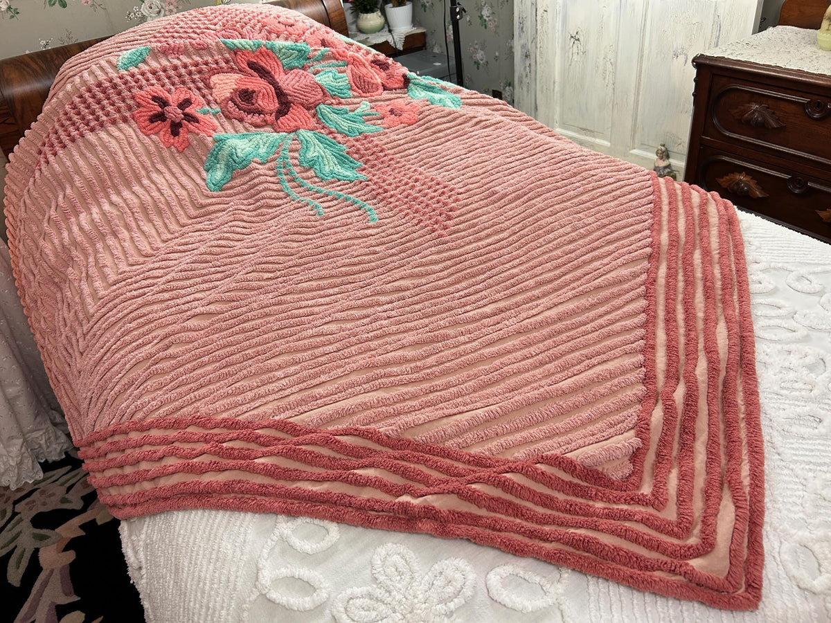 Vintage Chenille Bedspread Twin Dusty Pink Aqua Floral Bouquet Cottage Shabby