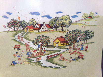 APPLE HARVEST Crewel Embroidery Kit, Vintage Paragon Needlecraft 0925, Primitive Farm Scene