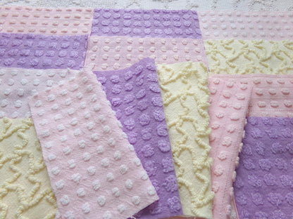 fairy magic 6" vintage chenille fabric squares, set of 16 pink, yellow & lavender quilt blocks for quilting, sewing, crafts