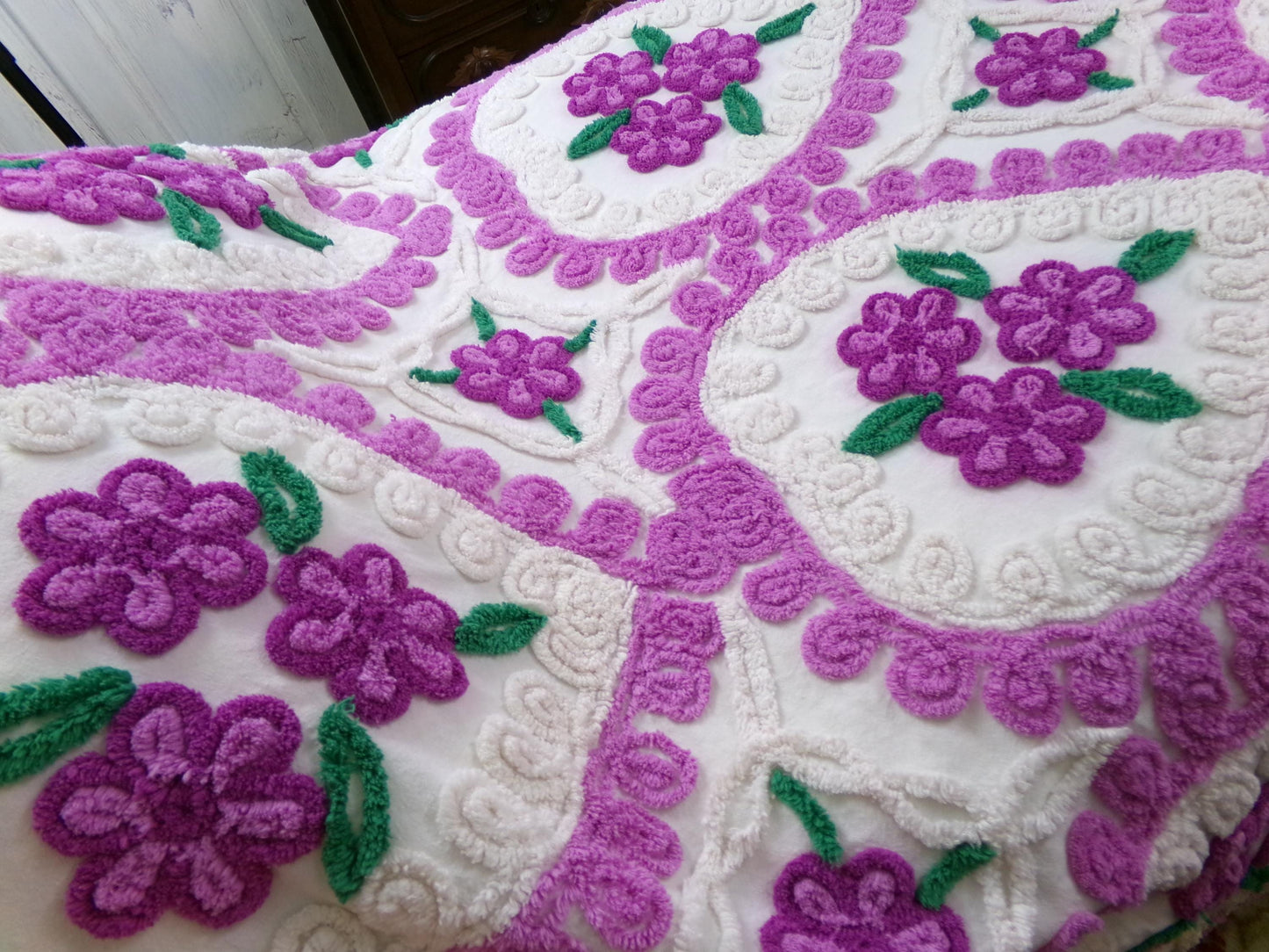 Vintage Chenille Bedspread Violets in Snow Heart Scrollwork White Cottage Bedding, FULL