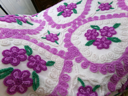 Vintage Chenille Bedspread Violets in Snow Heart Scrollwork White Cottage Bedding, FULL
